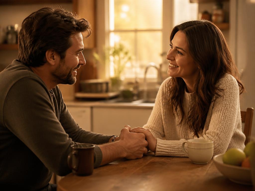 Casal conversando sorrindo, de mãos dadas