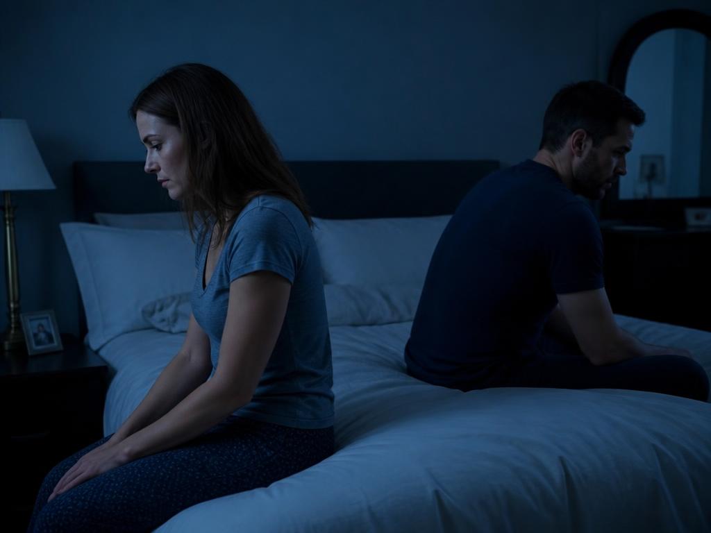Mulher sentada na cama, de costas para o marido